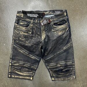Brand New NormCore Normal Hardcore Gold Foil Size 36 Black Denim Shorts Jorts